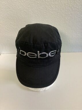 bebe Black Rhinestone Logo Cadet-Style Hat